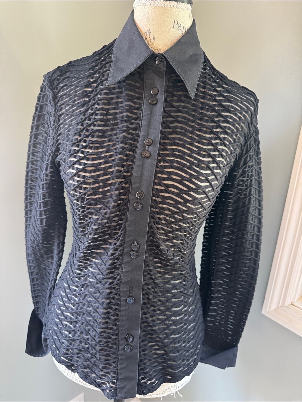 Fellow Paris black stretch sheer wave button down collar & cuffs